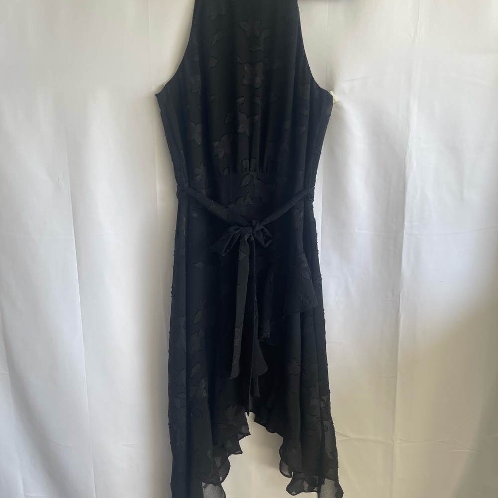 CeCe Black Asymmetrical Floral Tie-Waist Dress